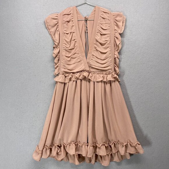 Storia Dress Womens Medium Blush Pink Deep V Mini Ruffles Flowy Pretty - Picture 1 of 16